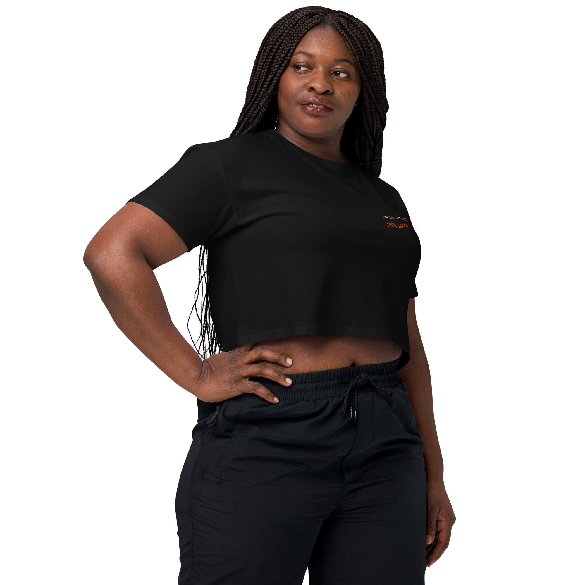Crop top da donna nero con ricamo lato cuore 60% Clave 40% Caos 100% Sabor, abbigliamento femminile per ballare salsa, brand TLR Social.