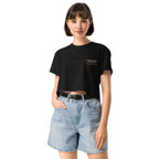 Crop top femminile nero con dettaglio ricamato Rumba Buena y tremendo Guaguancò, abbigliamento premium per la pista da ballo, brand TLR Social.