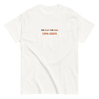 T-shirt classica unisex bianca con scritta grande ricamata 60% Clave 40% Caos 100% Sabor, streetwear premium per salsa, brand TLR Social.