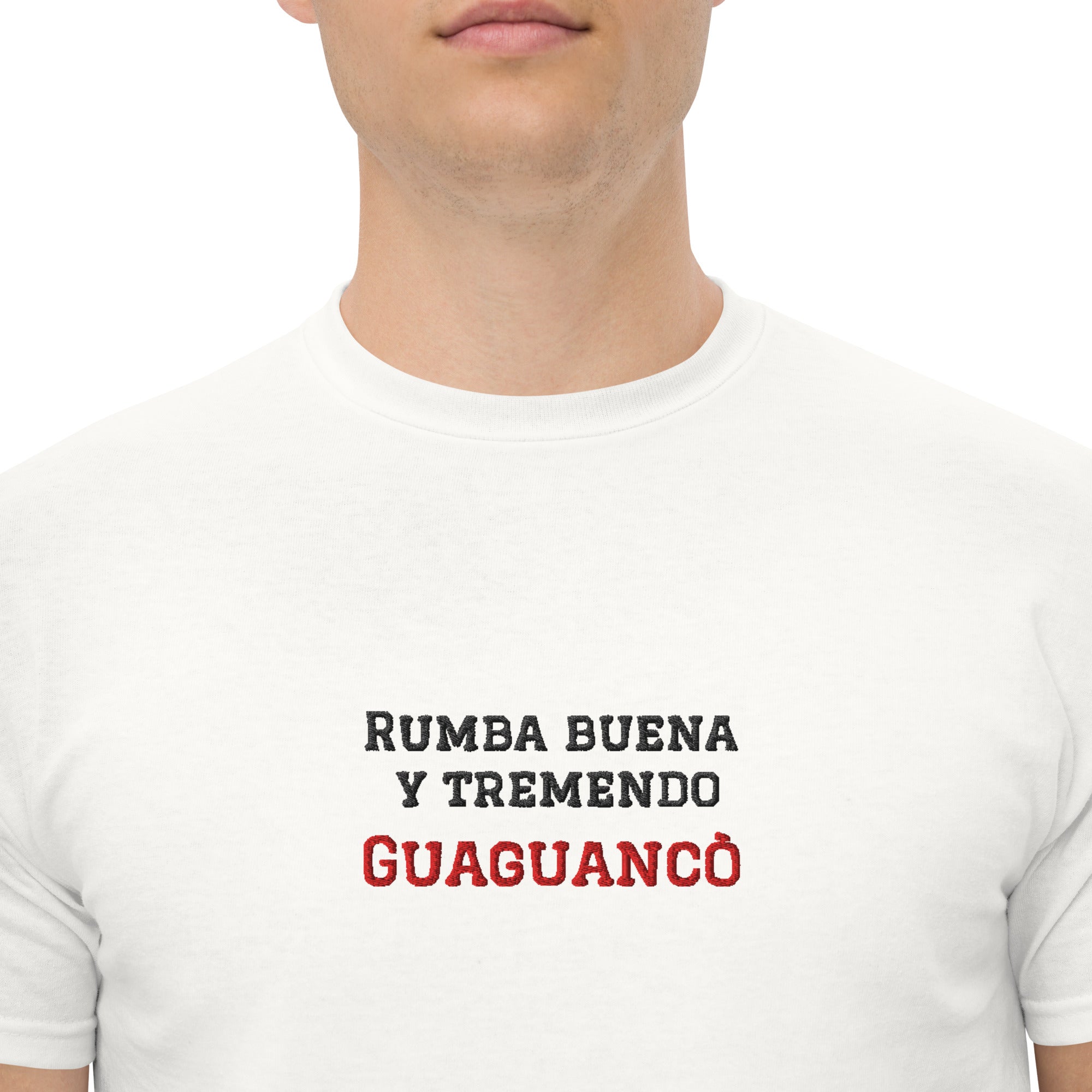 T-shirt classica unisex bianca con grafica ricamata Rumba Buena y tremendo Guaguancò, abbigliamento per ballerini, brand TLR Social.