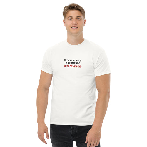 T-shirt classica unisex bianca con grafica ricamata Rumba Buena y tremendo Guaguancò, abbigliamento per ballerini, brand TLR Social.