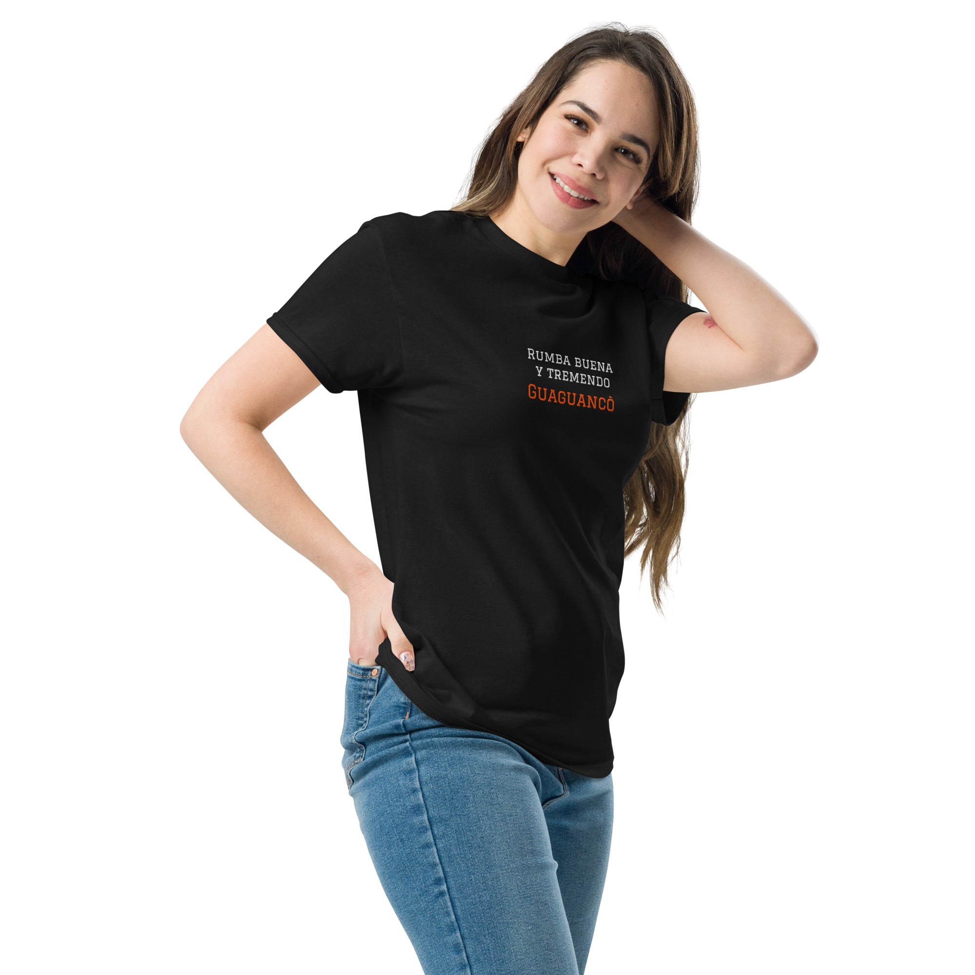 T-shirt classica unisex nera con grafica ricamata Rumba Buena y tremendo Guaguancò, abbigliamento per ballerini, brand TLR Social.