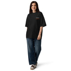 T-shirt oversize unisex nera con dettaglio ricamato lato cuore Rumba Buena y tremendo Guaguancò, abbigliamento largo di tendenza, brand TLR Social.